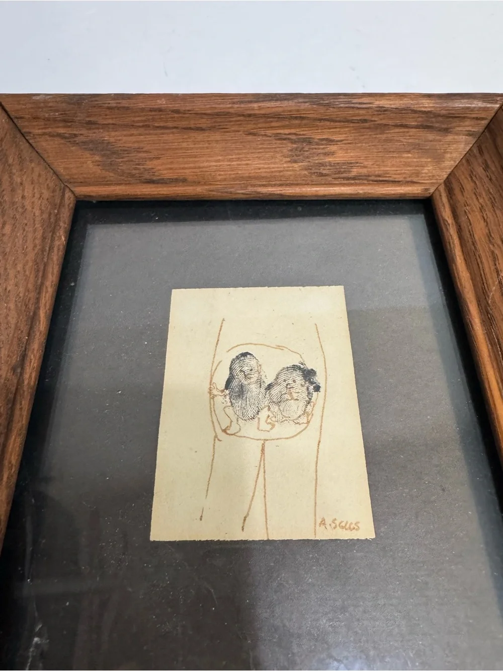 Vintage Wide Oak Wood Frame with Thumb Print Babies Illustration Art